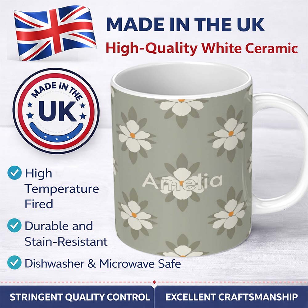 Personalized Custom Name Neutral Daisy Floral Seamless Pattern Soft Beige Botanical Design 11oz Ceramic Coffee Tea Mug White Large Handle