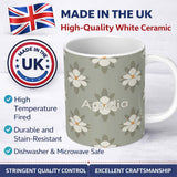 Personalized Custom Name Neutral Daisy Floral Seamless Pattern Soft Beige Botanical Design 11oz Ceramic Coffee Tea Mug White Large Handle