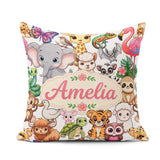 Custom Name Cute Cartoon Jungle Safari Animals Seamless on White Square Filled Cushion Throw Pillow Sofa Bed Home Decor Zip Washable UK Made
