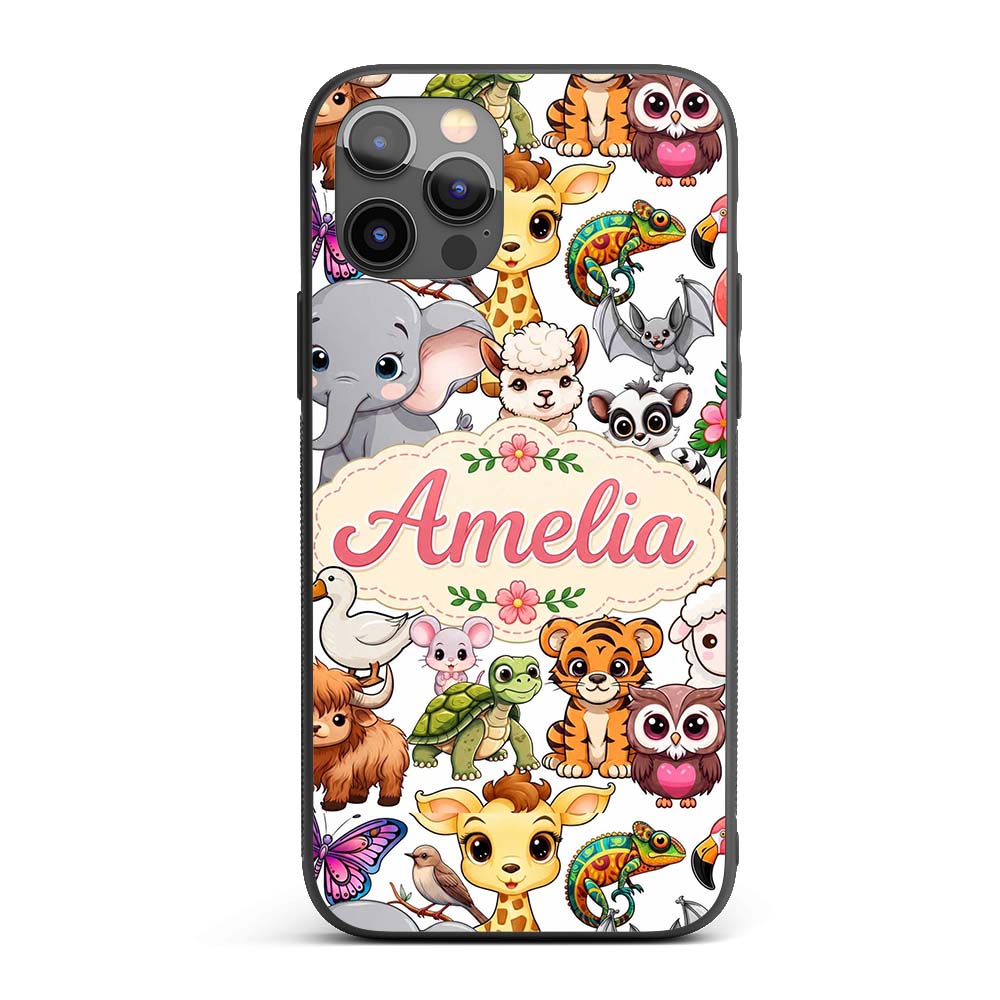 Cute Cartoon Jungle Safari Animals Printed Design Custom Name Protective Phone Case Mobile Cover Durable Everyday Smartphone Shock Resistant