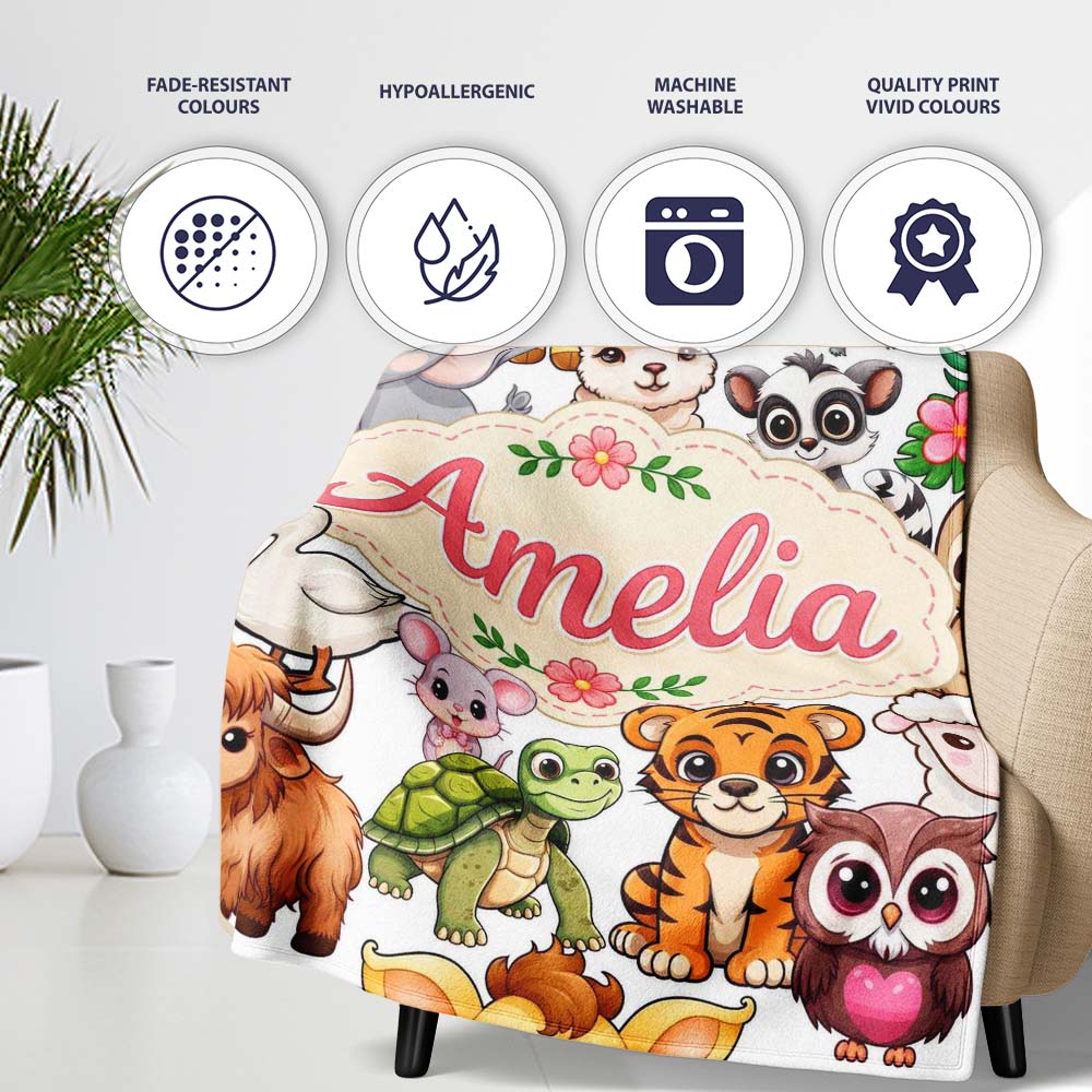 Cute Cartoon Jungle Safari Animals Seamless Pattern on White Lovely  Personalised Custom Name Super Soft Fleece Blanket Bed Sofa Throw