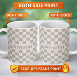 Personalized Custom Name Minimal Sage Square Check Seamless Pattern Soft Neutral Geometric 11oz Ceramic Coffee Tea Mug White Large Handle