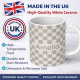 Personalized Custom Name Minimal Sage Square Check Seamless Pattern Soft Neutral Geometric 11oz Ceramic Coffee Tea Mug White Large Handle