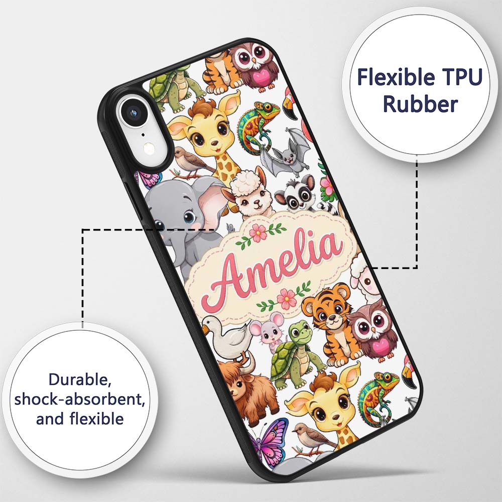 Cute Cartoon Jungle Safari Animals Printed Design Custom Name Protective Phone Case Mobile Cover Durable Everyday Smartphone Shock Resistant