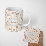 Personalized Custom Name Scandinavian Floral Leaf Seamless Pattern Neutral Boho Botanical 11oz Ceramic Coffee Tea Mug White Large Handle