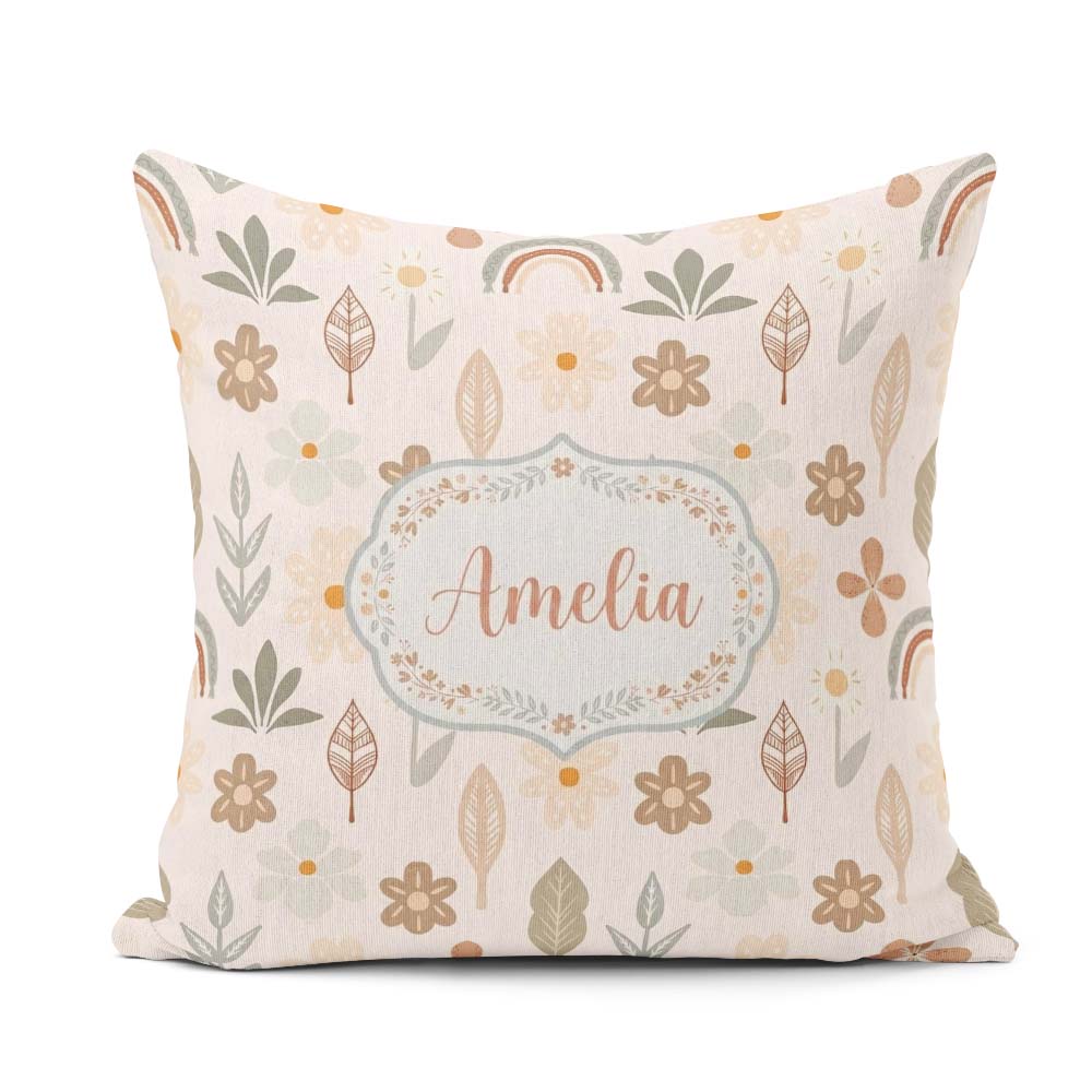 Custom Name Floral Leaf Seamless Pattern Neutral Boho Botanical Square Filled Cushion Throw Pillow Sofa Bed Home Decor Zip Washable UK Made