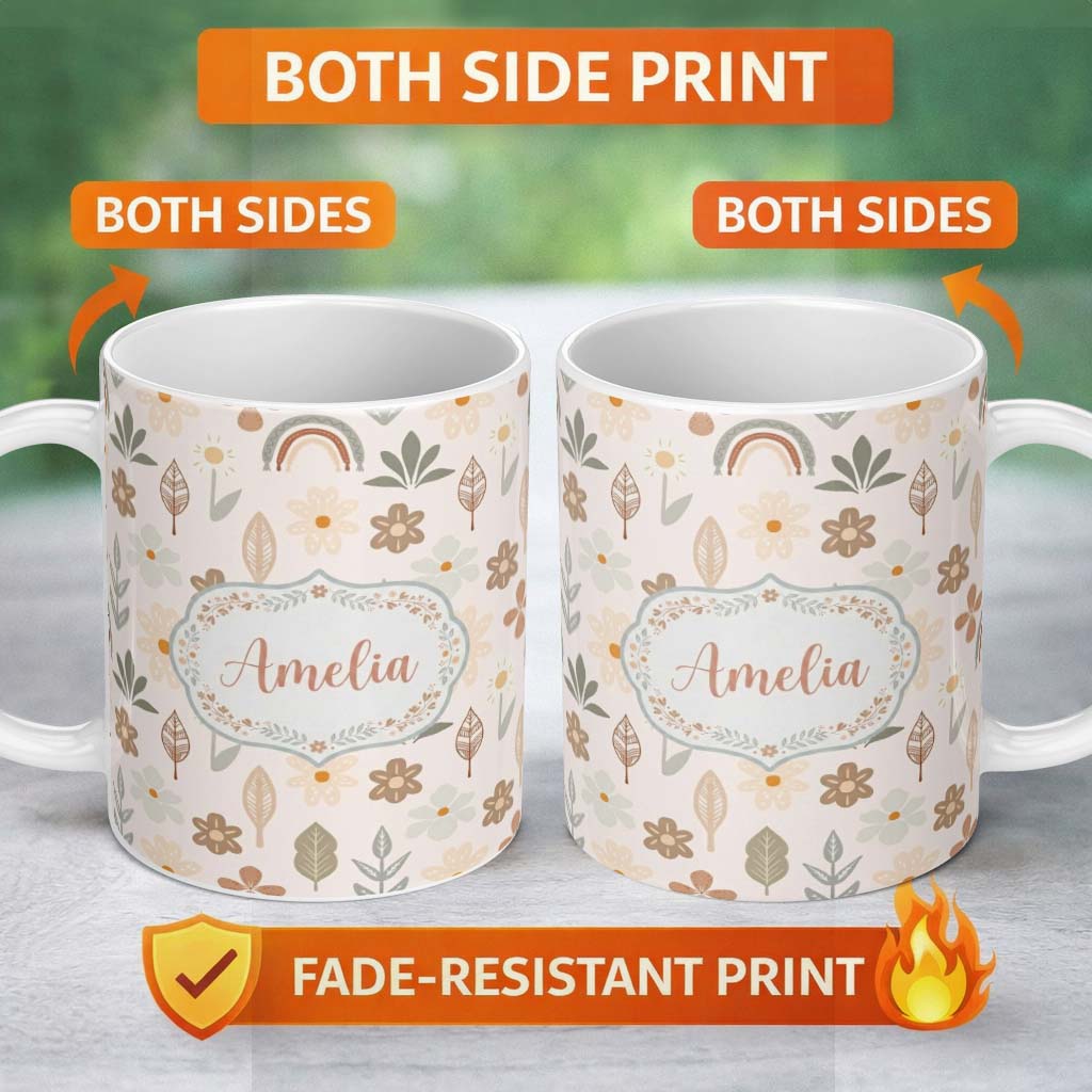 Personalized Custom Name Scandinavian Floral Leaf Seamless Pattern Neutral Boho Botanical 11oz Ceramic Coffee Tea Mug White Large Handle