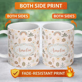 Personalized Custom Name Scandinavian Floral Leaf Seamless Pattern Neutral Boho Botanical 11oz Ceramic Coffee Tea Mug White Large Handle