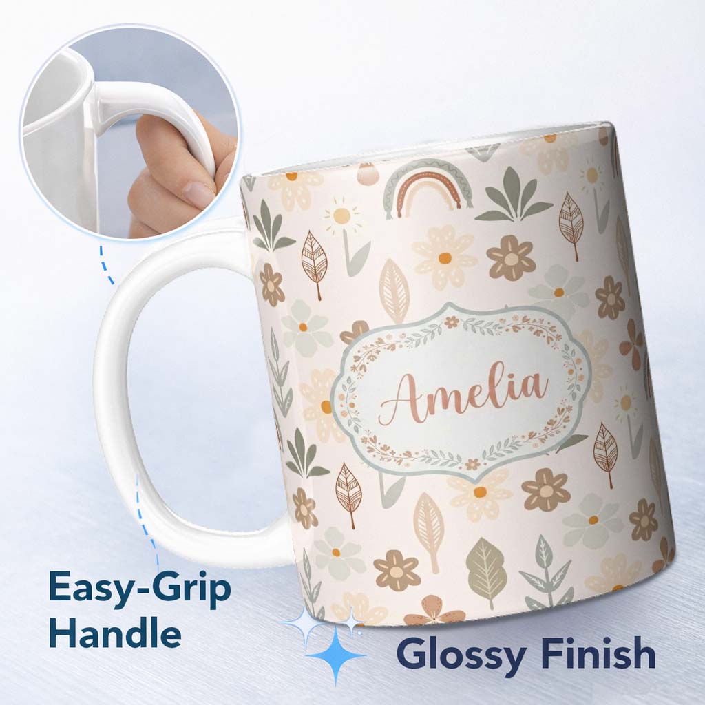 Personalized Custom Name Scandinavian Floral Leaf Seamless Pattern Neutral Boho Botanical 11oz Ceramic Coffee Tea Mug White Large Handle
