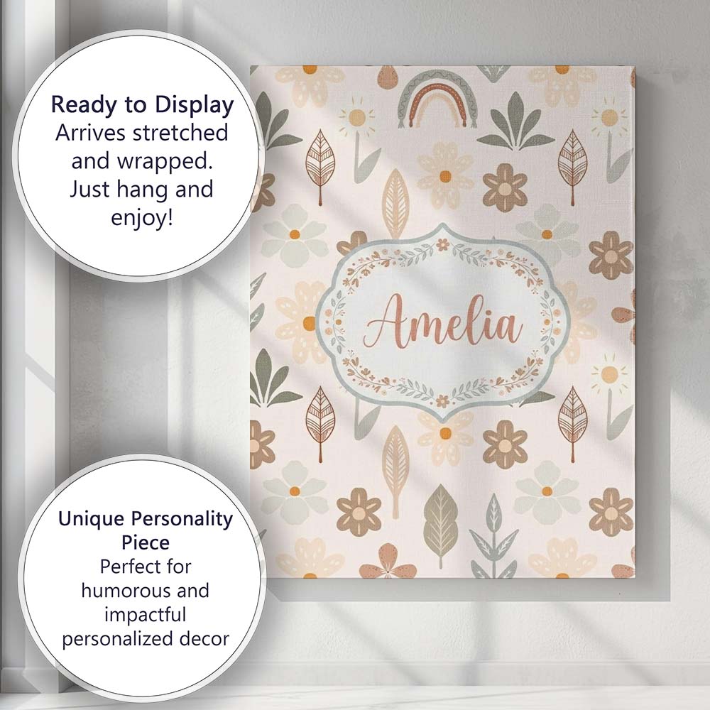 Personalised Name Scandinavian Floral Leaf Custom  Unique Gift Idea Elegant Feature Canvas Wall Art Print Decor Picture Ready to Hang