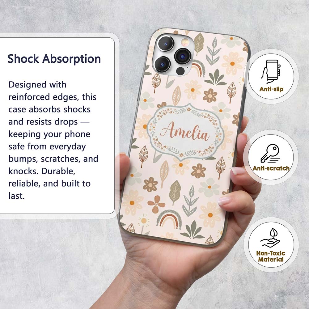 Scandinavian Floral Leaf Seamless Pattern Neutral Custom Name Protective Phone Case Mobile Cover Durable Everyday Smartphone Shock Resistant