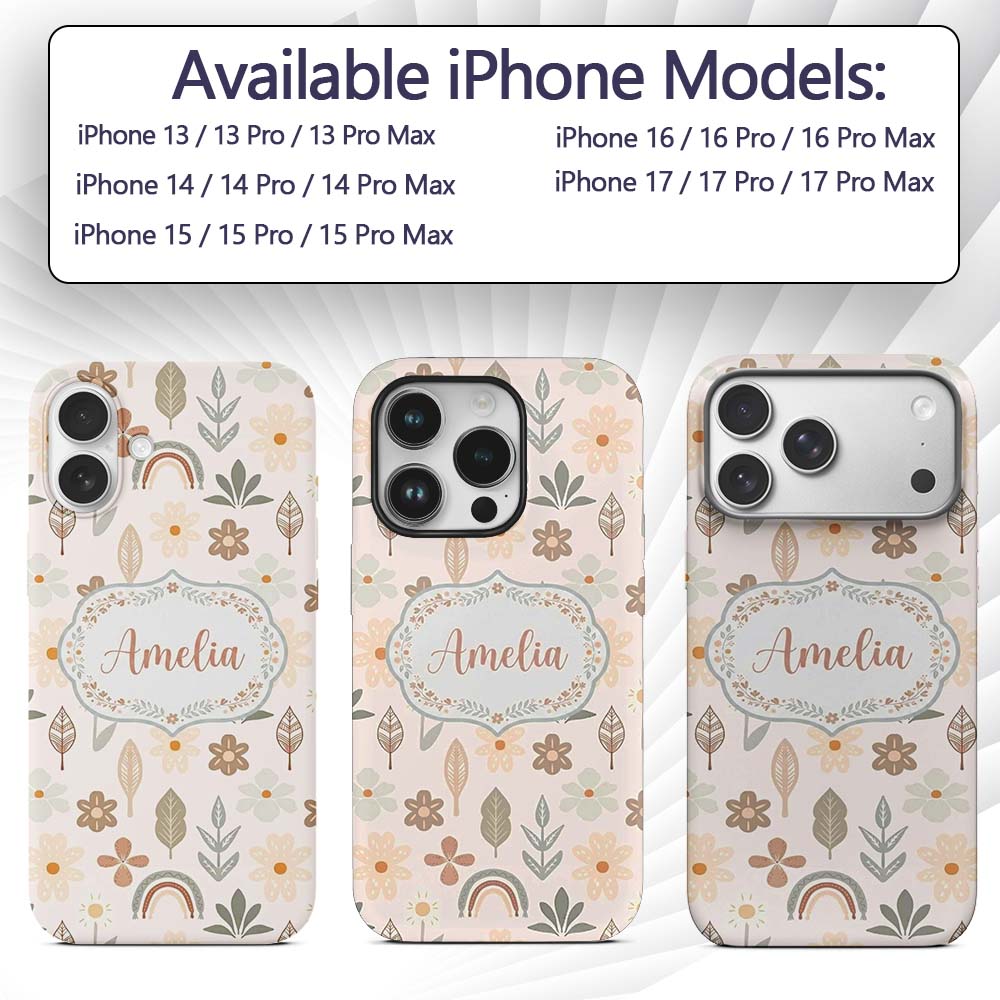 Scandinavian Floral Leaf Seamless Pattern Neutral Custom Name Protective Phone Case Mobile Cover Durable Everyday Smartphone Shock Resistant