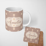 Personalized Custom Name Simple Daisy Flower Seamless Pattern Warm Taupe Background Minimal 11oz Ceramic Coffee Tea Mug White Large Handle