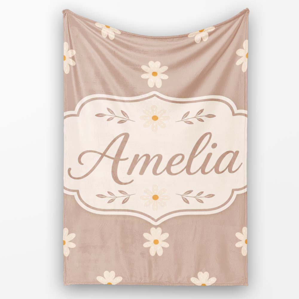 Simple Daisy Flower Seamless Pattern Warm Taupe Background Minimal  Personalised Custom Name Super Soft Fleece Blanket Bed Sofa Throw