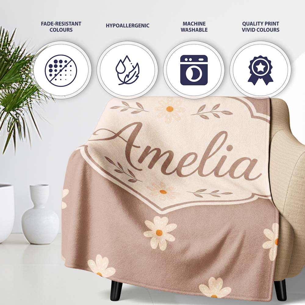 Simple Daisy Flower Seamless Pattern Warm Taupe Background Minimal  Personalised Custom Name Super Soft Fleece Blanket Bed Sofa Throw