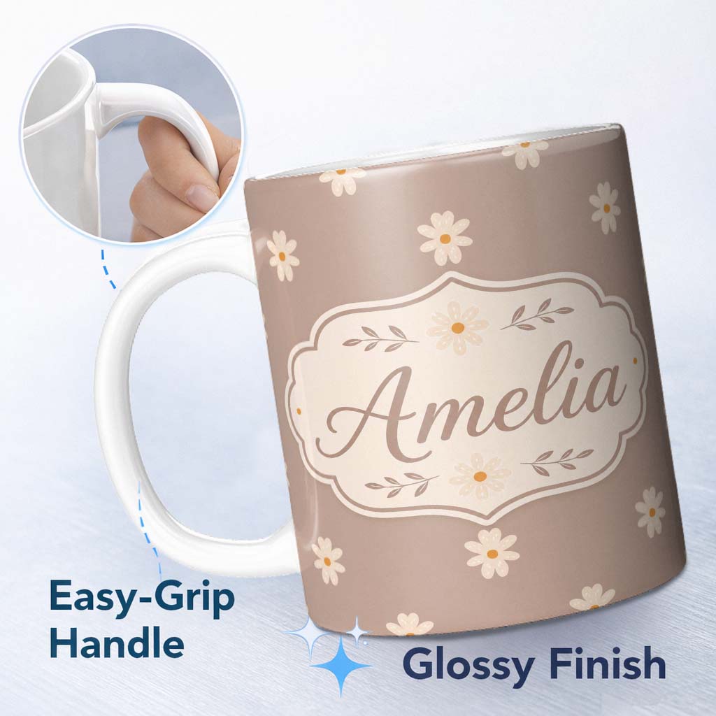 Personalized Custom Name Simple Daisy Flower Seamless Pattern Warm Taupe Background Minimal 11oz Ceramic Coffee Tea Mug White Large Handle