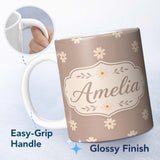 Personalized Custom Name Simple Daisy Flower Seamless Pattern Warm Taupe Background Minimal 11oz Ceramic Coffee Tea Mug White Large Handle