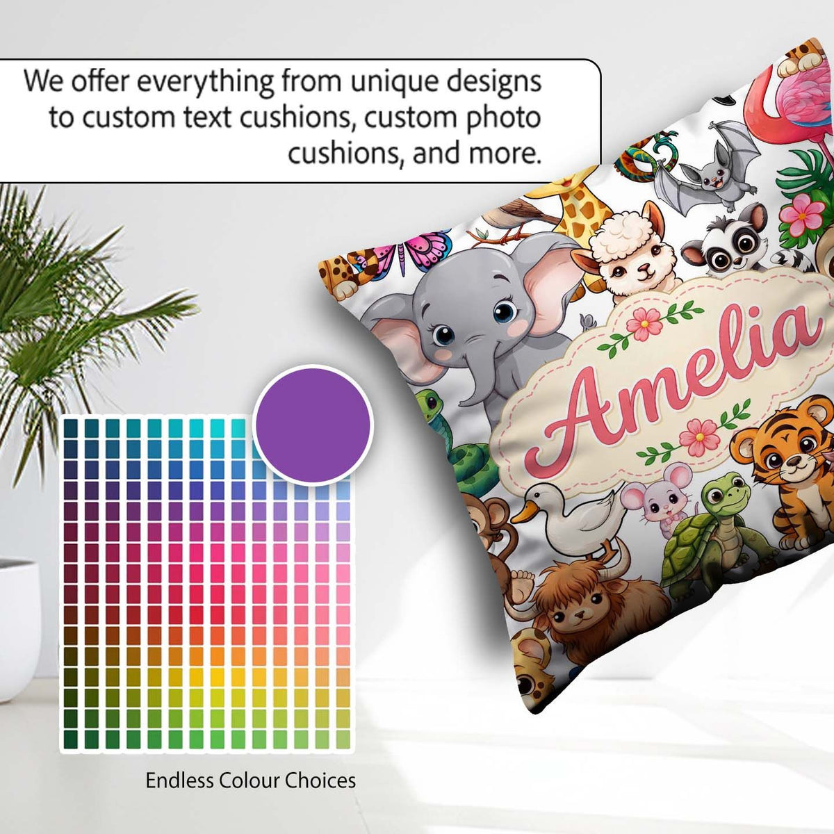 Custom Name Cute Cartoon Jungle Safari Animals Seamless on White Square Filled Cushion Throw Pillow Sofa Bed Home Decor Zip Washable UK Made