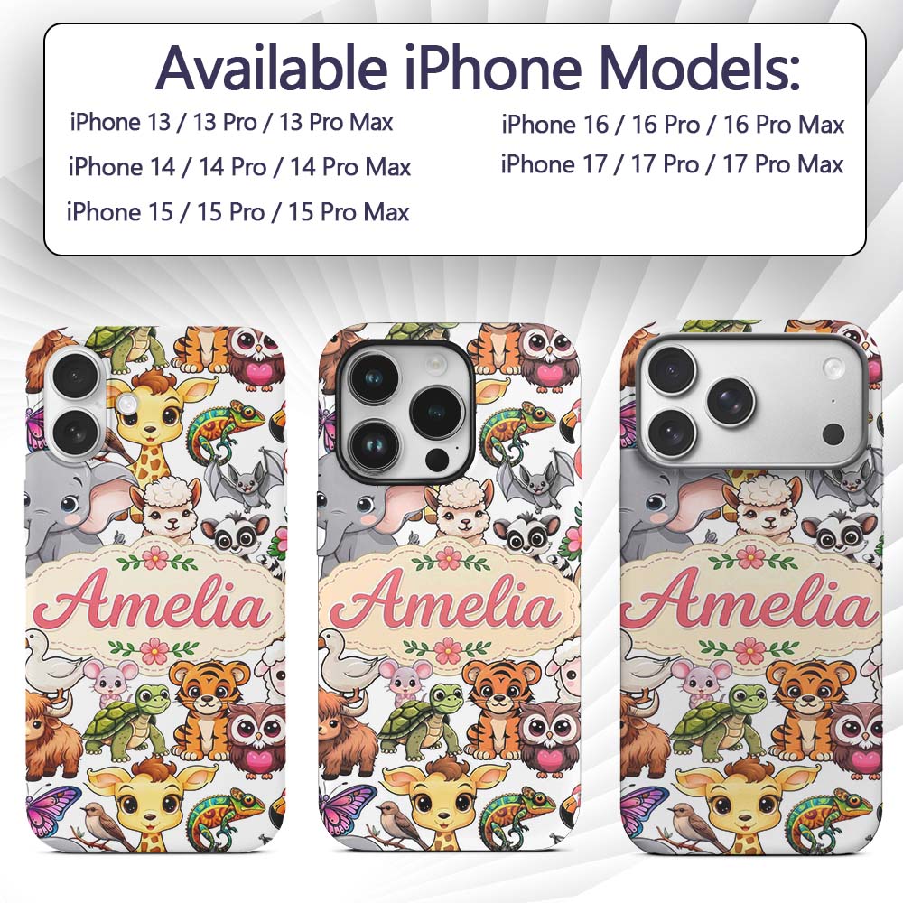 Cute Cartoon Jungle Safari Animals Printed Design Custom Name Protective Phone Case Mobile Cover Durable Everyday Smartphone Shock Resistant