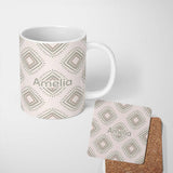 Personalized Custom Name Soft Geometric Diamond Seamless Pattern Neutral Tribal Style Design 11oz Ceramic Coffee Tea Mug White Large Handle