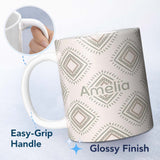Personalized Custom Name Soft Geometric Diamond Seamless Pattern Neutral Tribal Style Design 11oz Ceramic Coffee Tea Mug White Large Handle