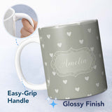 Personalized Custom Name Cute Heart Mini Seamless Pattern Soft Neutral Romantic Design Name 11oz Ceramic Coffee Tea Mug White Large Handle