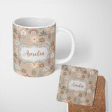 Personalized Custom Name Boho Floral Rainbow Seamless Pattern Neutral Earth Tone Botanical 11oz Ceramic Coffee Tea Mug White Large Handle