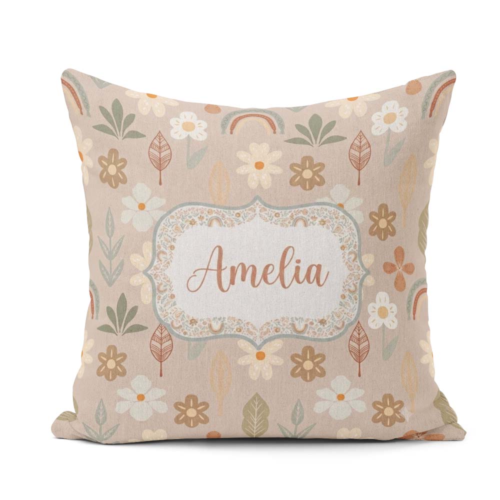 Custom Name Boho Floral Rainbow Seamless Pattern Earth Botanical Square Filled Cushion Throw Pillow Sofa Bed Home Decor Zip Washable UK Made