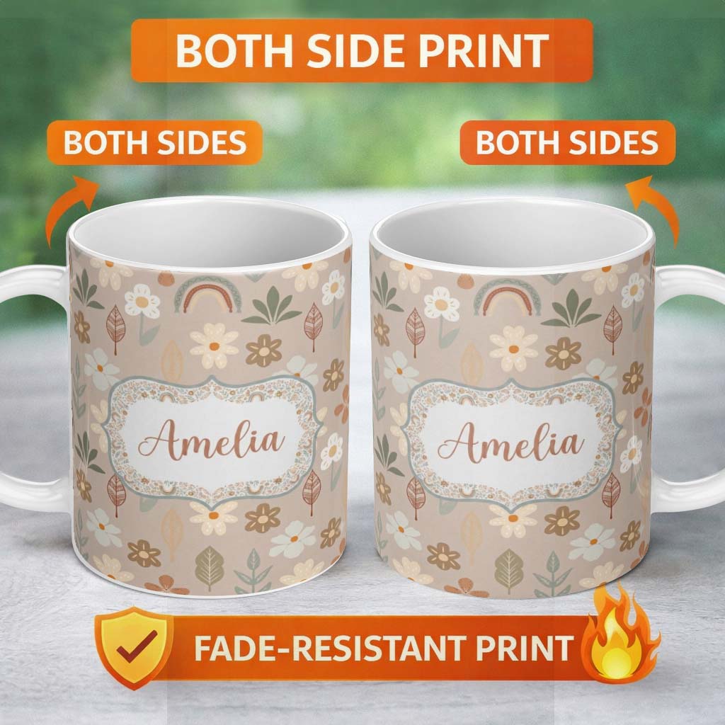 Personalized Custom Name Boho Floral Rainbow Seamless Pattern Neutral Earth Tone Botanical 11oz Ceramic Coffee Tea Mug White Large Handle