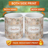 Personalized Custom Name Boho Floral Rainbow Seamless Pattern Neutral Earth Tone Botanical 11oz Ceramic Coffee Tea Mug White Large Handle