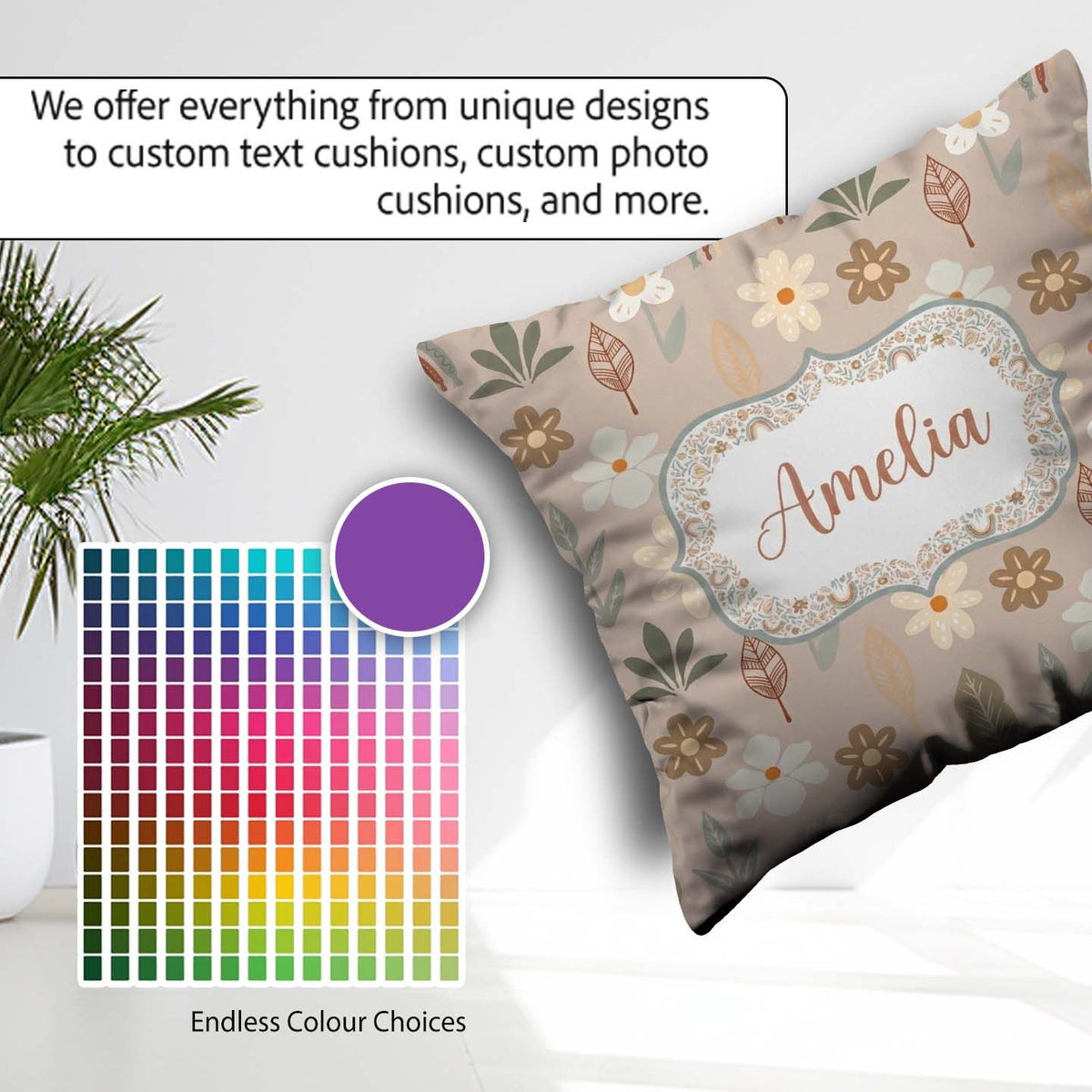 Custom Name Boho Floral Rainbow Seamless Pattern Earth Botanical Square Filled Cushion Throw Pillow Sofa Bed Home Decor Zip Washable UK Made