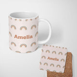 Personalized Custom Name Boho Rainbow Arc Seamless Pattern Soft Neutral Nursery Design Name 11oz Ceramic Coffee Tea Mug White Large Handle