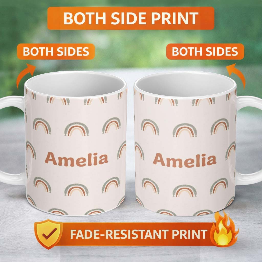 Personalized Custom Name Boho Rainbow Arc Seamless Pattern Soft Neutral Nursery Design Name 11oz Ceramic Coffee Tea Mug White Large Handle