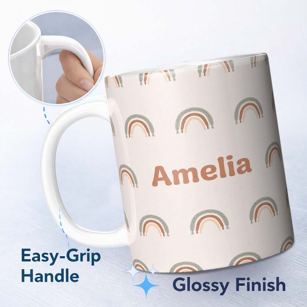 Personalized Custom Name Boho Rainbow Arc Seamless Pattern Soft Neutral Nursery Design Name 11oz Ceramic Coffee Tea Mug White Large Handle