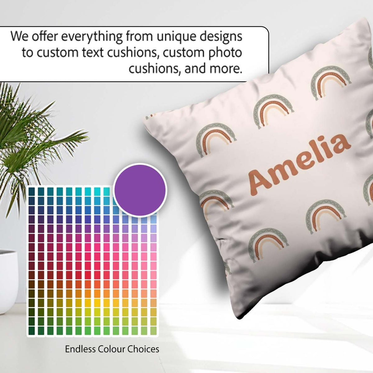Custom Name Boho Rainbow Arc Pattern Soft Neutral Nursery Design Square Filled Cushion Throw Pillow Sofa Bed Home Decor Zip Washable UK Made
