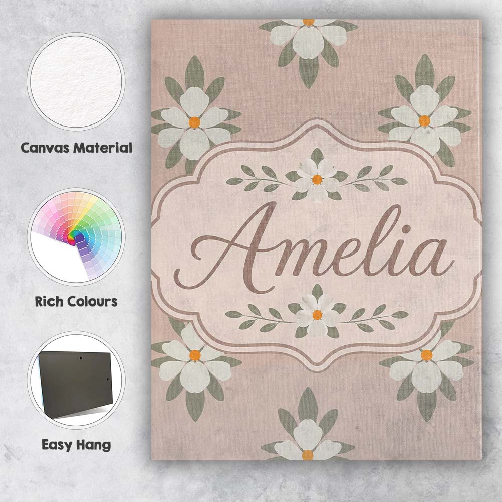 Personalised Name Neutral Daisy Floral Custom  Modern Room Accent Elegant Feature Canvas Wall Art Print Decor Picture Ready to Hang
