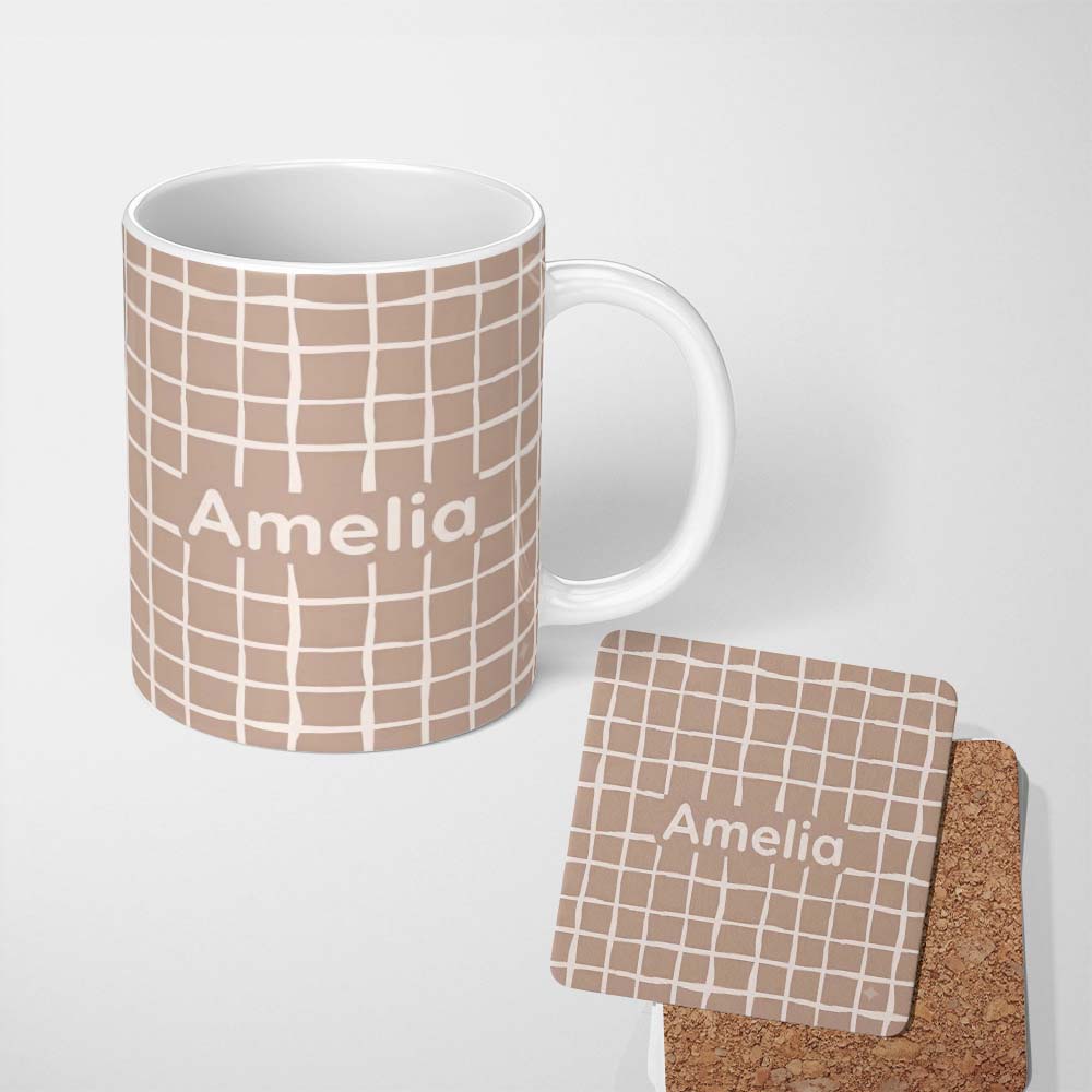 Personalized Custom Name Minimal Grid Line Seamless Pattern Soft Brown Geometric Design Name 11oz Ceramic Coffee Tea Mug White Large Handle
