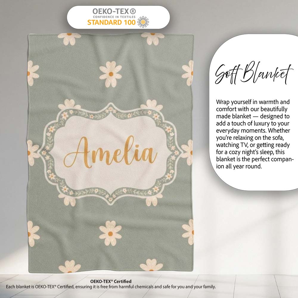 Small Daisy Flower Seamless Pattern Soft Sage Green Background  Personalised Custom Name Super Soft Fleece Blanket Bed Sofa Throw