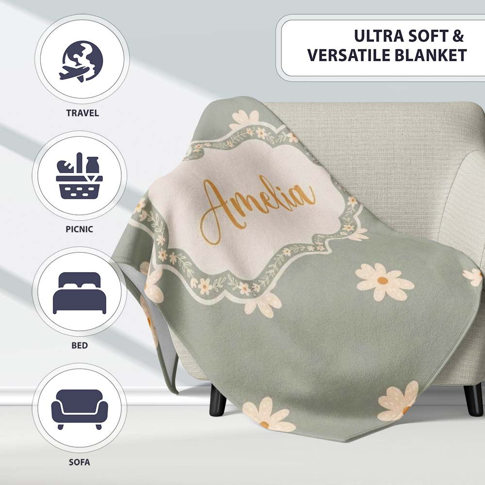 Small Daisy Flower Seamless Pattern Soft Sage Green Background  Personalised Custom Name Super Soft Fleece Blanket Bed Sofa Throw