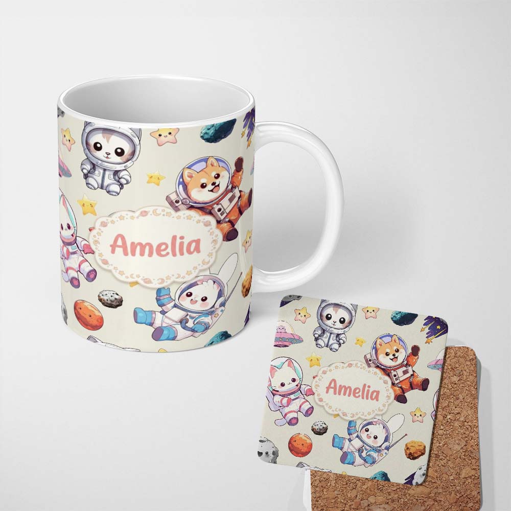Personalized Custom Name Cute Space Animals Astronaut Seamless Pattern Fun Kids Galaxy 11oz Ceramic Coffee Tea Mug White Large Handle