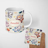 Personalized Custom Name Cute Space Animals Astronaut Seamless Pattern Fun Kids Galaxy 11oz Ceramic Coffee Tea Mug White Large Handle