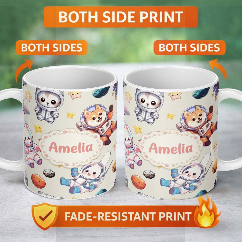 Personalized Custom Name Cute Space Animals Astronaut Seamless Pattern Fun Kids Galaxy 11oz Ceramic Coffee Tea Mug White Large Handle