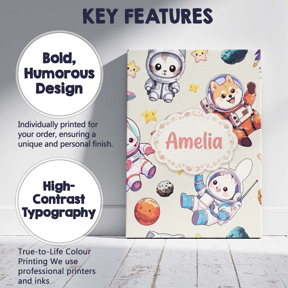 Personalised Name Cute Space Animals Custom Premium Decorative Design Modern Room Accent Canvas Wall Art Print Decor Picture Ready to Hang