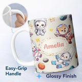 Personalized Custom Name Cute Space Animals Astronaut Seamless Pattern Fun Kids Galaxy 11oz Ceramic Coffee Tea Mug White Large Handle