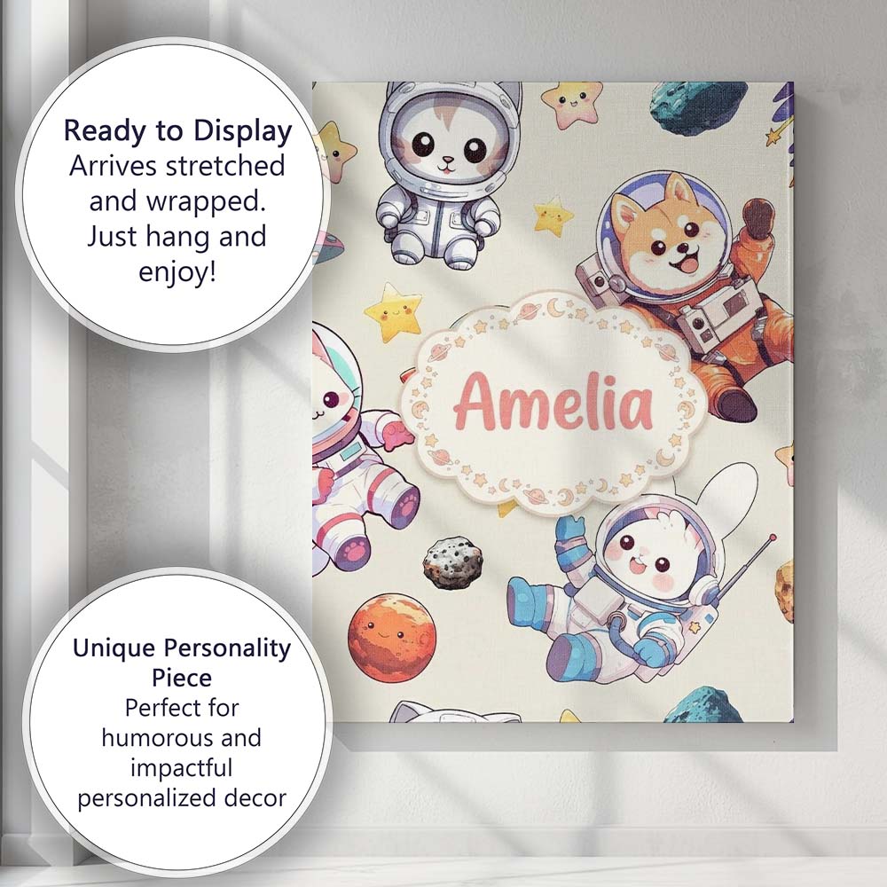 Personalised Name Cute Space Animals Custom Premium Decorative Design Modern Room Accent Canvas Wall Art Print Decor Picture Ready to Hang