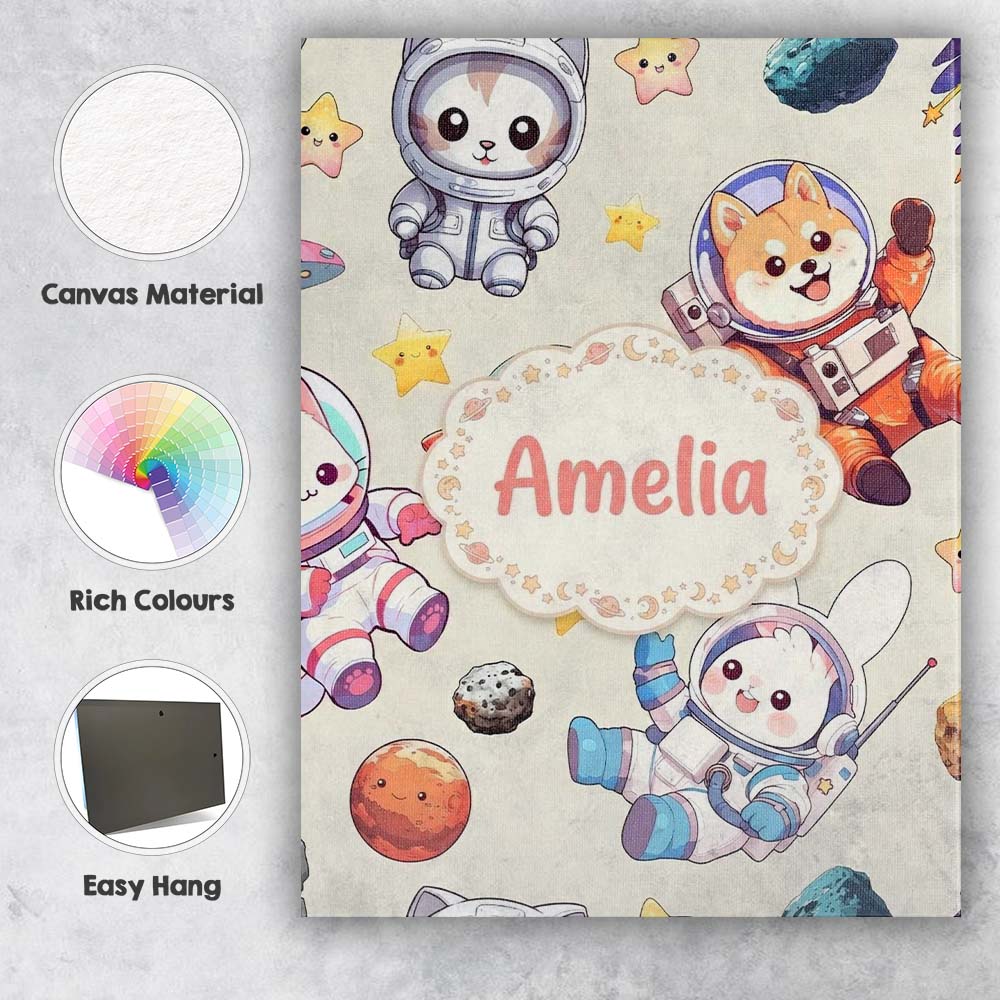 Personalised Name Cute Space Animals Custom Premium Decorative Design Modern Room Accent Canvas Wall Art Print Decor Picture Ready to Hang