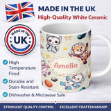 Personalized Custom Name Cute Space Animals Astronaut Seamless Pattern Fun Kids Galaxy 11oz Ceramic Coffee Tea Mug White Large Handle