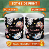 Personalized Custom Name Cute Space Animals Astronaut Seamless Pattern Black Galaxy Kids 11oz Ceramic Coffee Tea Mug White Large Handle