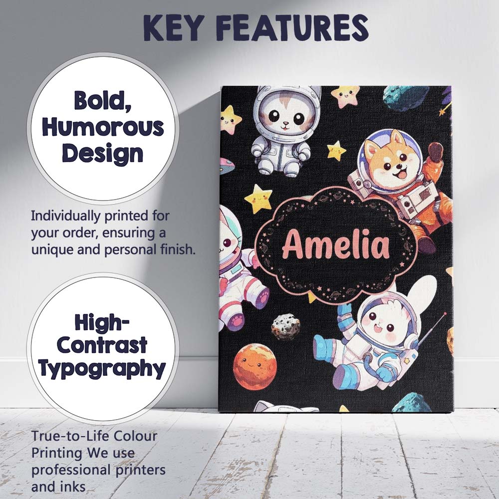 Personalised Name Cute Space Animals Custom Premium Decorative Design Modern Room Accent Canvas Wall Art Print Decor Picture Ready to Hang