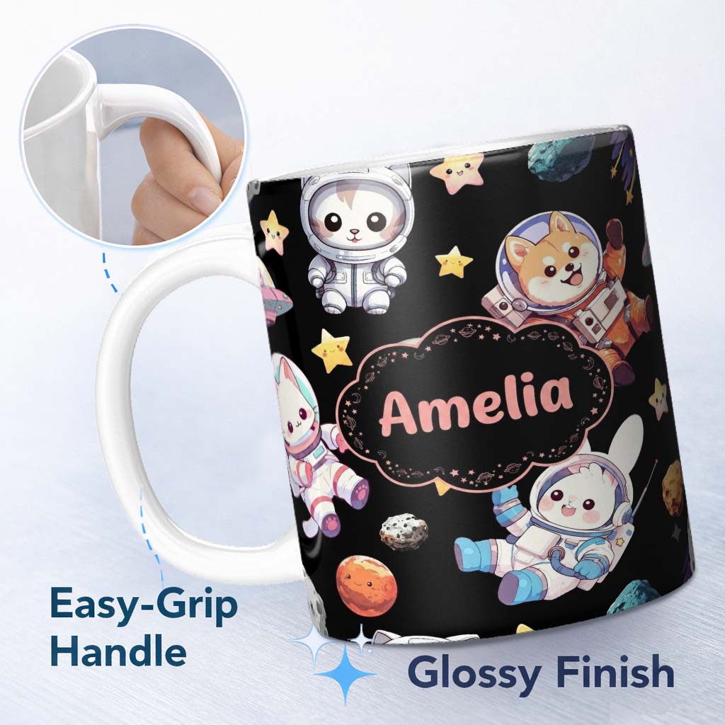 Personalized Custom Name Cute Space Animals Astronaut Seamless Pattern Black Galaxy Kids 11oz Ceramic Coffee Tea Mug White Large Handle